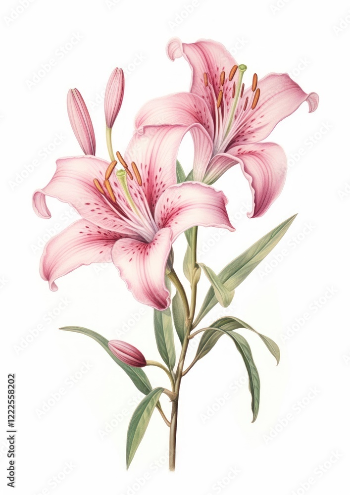 Naklejka premium Soft pink Lily branch lily illustration botanical.