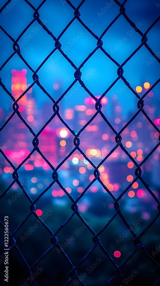 Fototapeta premium A background of a chain-link fence with blurred city lights in the distance.