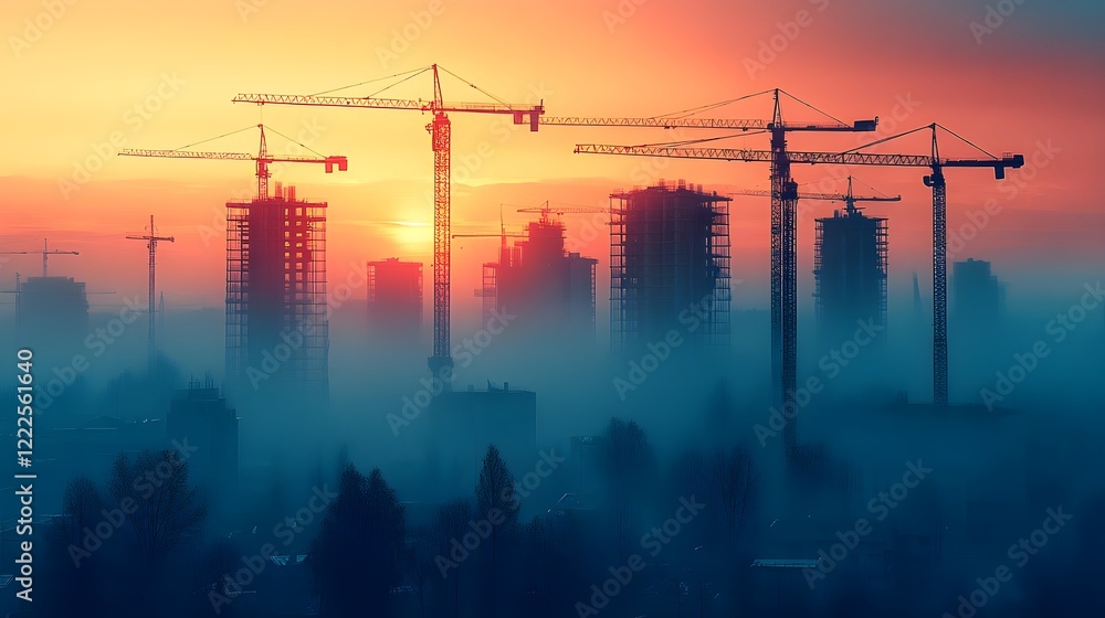 A background of a city skyline with cranes and construction in progress. A background of a city skyline with cranes and construction in progress.