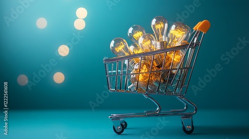 Shopping cart full of light bulbs isolated on blue background