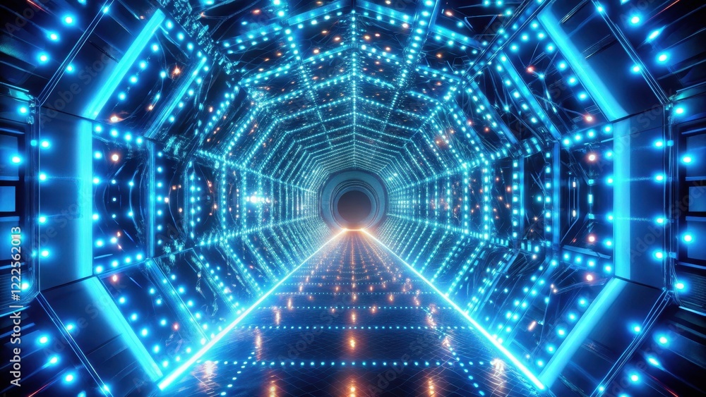 Obraz premium Futuristic Illuminated Corridor A Digital Rendering of a Sci-Fi Tunnel with Bright Blue and Orange Lights