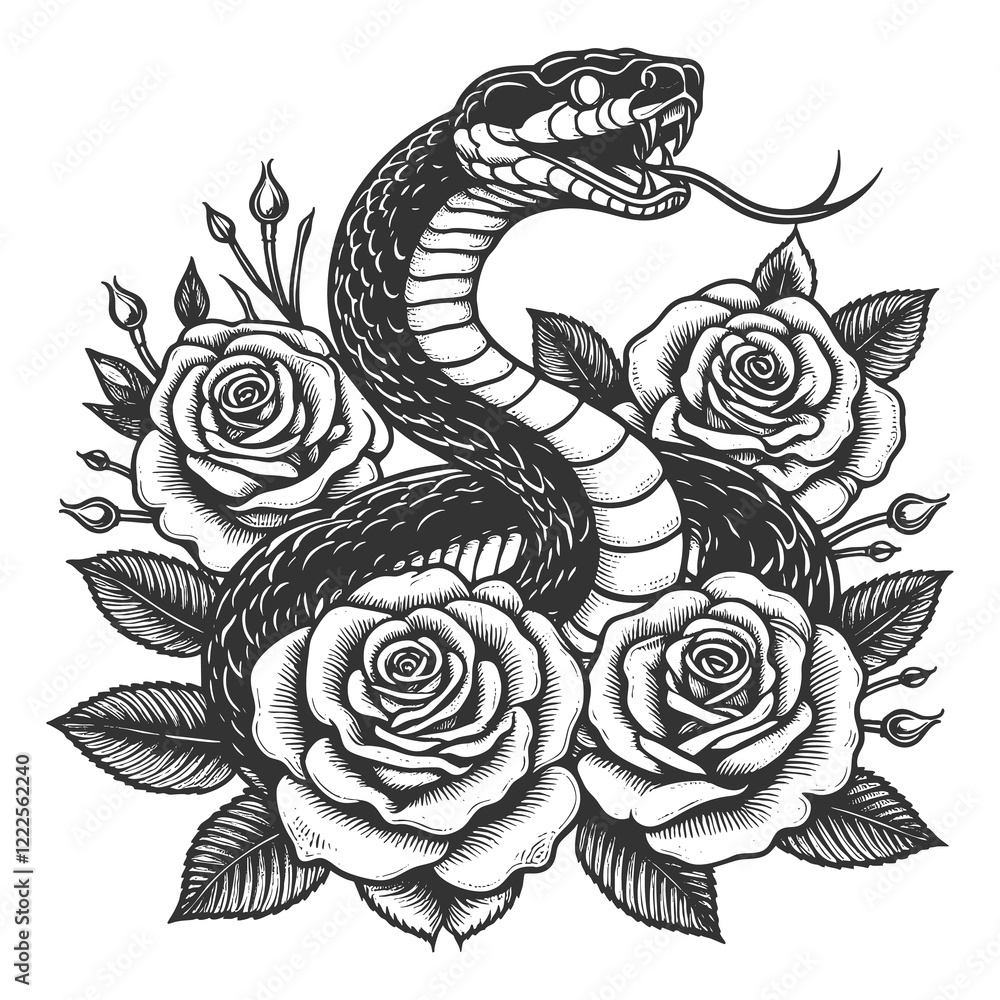 snake with its fangs bared, surrounded by blooming roses and leaves, blending danger and beauty sketch engraving generative ai raster illustration. Scratch board imitation. Black and white image. snake with its fangs bared, surrounded by blooming roses and leaves, blending danger and beauty sketch engraving generative ai raster illustration. Scratch board imitation. Black and white image.