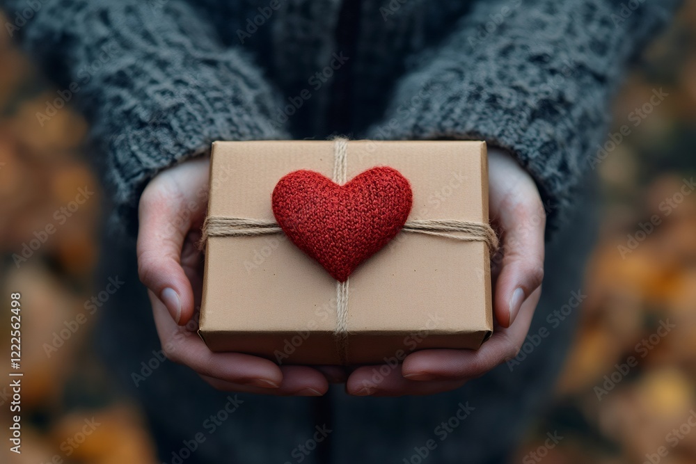 Woman holding a gift box with red heart in autumn Woman holding a gift box with red heart in autumn