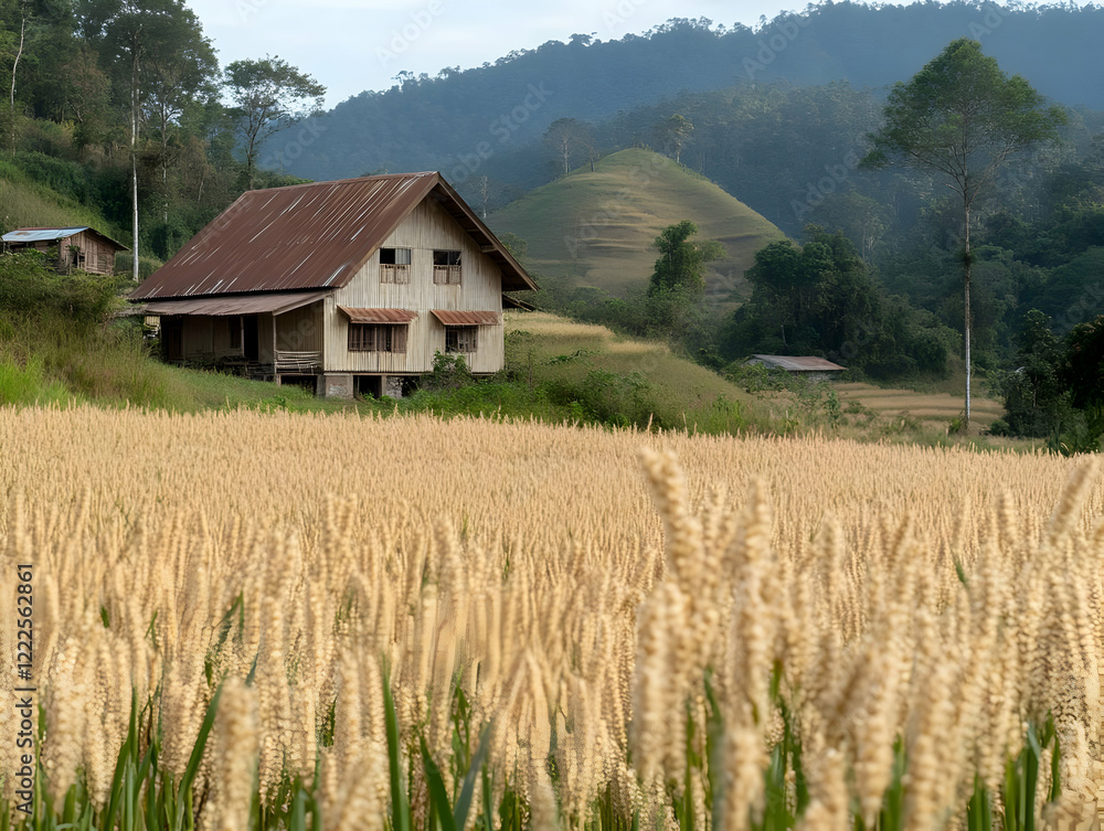 Wooden House Stands amidst Golden Wheat Field with Rolling Hills and Lush Forest in the Background Wooden House Stands amidst Golden Wheat Field with Rolling Hills and Lush Forest in the Background