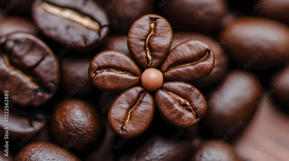 Naklejka premium Roasted Coffee Beans Arranged in a Flower Shape on a Bed of More Coffee Beans, Close-Up View