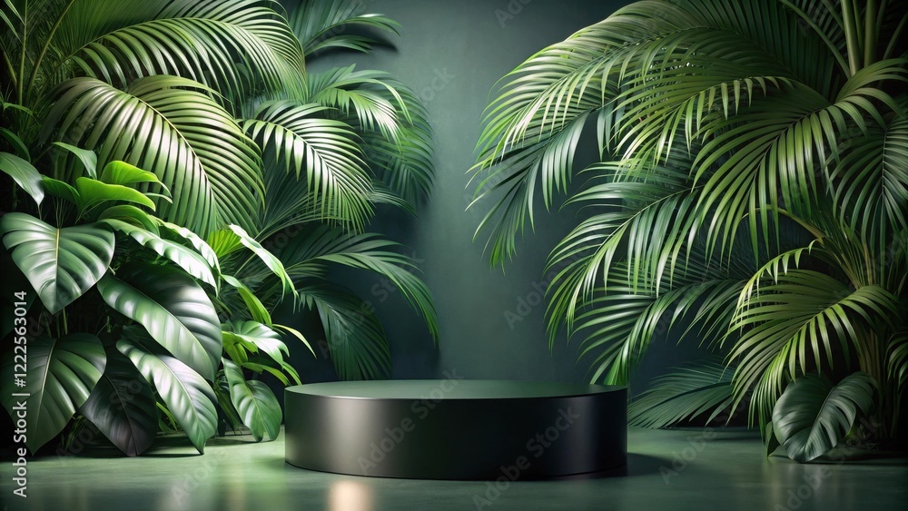 Lush Tropical Foliage Enveloping a Dark Circular Pedestal, Ideal for Product Display or Presentation Lush Tropical Foliage Enveloping a Dark Circular Pedestal, Ideal for Product Display or Presentation