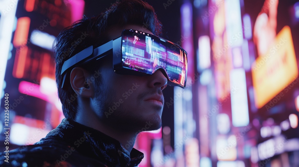 Obraz premium man wearing VR glasses in a busy city neon lights