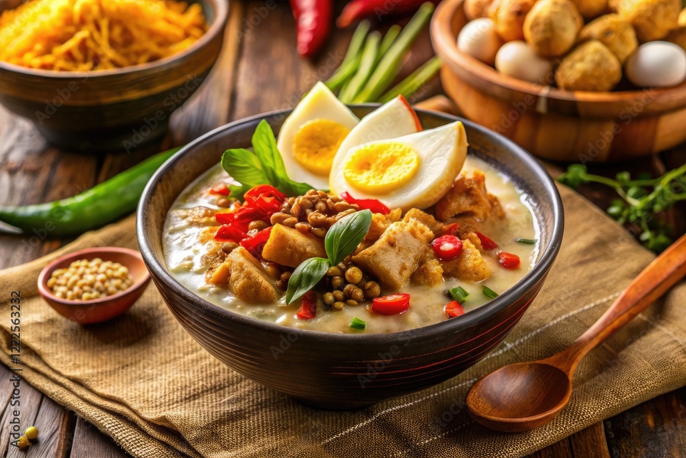Savory chicken porridge, topped with quail egg satay and crispy crackers. Savory chicken porridge, topped with quail egg satay and crispy crackers.