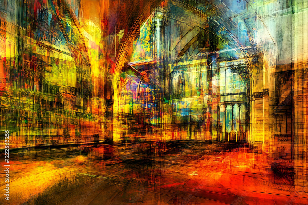 Naklejka premium Abstract city, vibrant architecture, surreal streetscape, fantasy background, art design