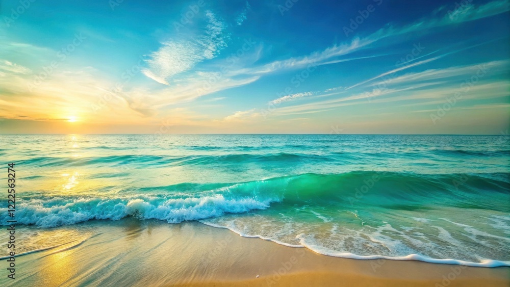 Obraz premium Serene Coastal Sunset Ocean Waves Gently Crashing on a Sandy Shore at Golden Hour