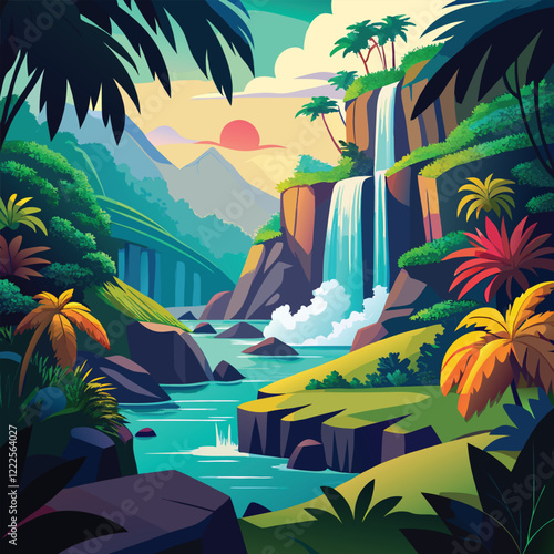 Waterfall in green jungle rainforest vector illustration. Cartoon tropical panoramic landscape with river water falling down from mountain rocks, fresh greenery of wild trees and bushes background