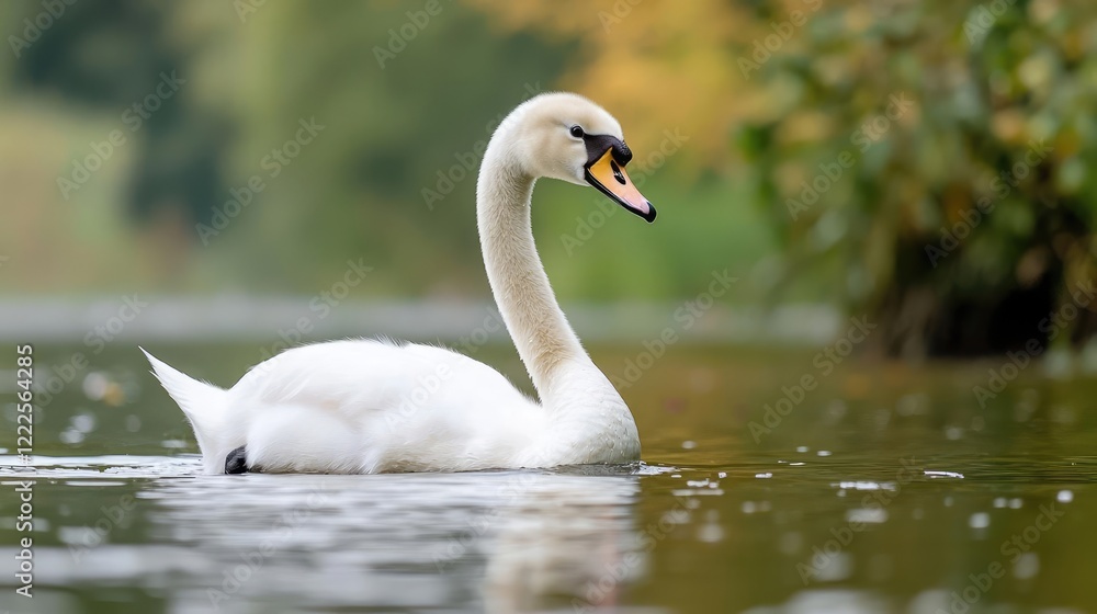 Elegant swan swimming in calm autumn lake, blurred foliage background; nature photography Elegant swan swimming in calm autumn lake, blurred foliage background; nature photography