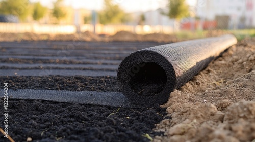 Rolled black geotextile material laid on soil at a construction site, highlighting erosion control, ground reinforcement, and landscaping solutions. photo