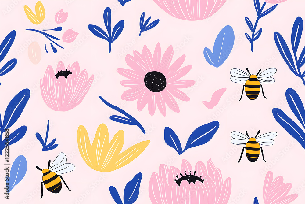 Hand drawn seamless pattern illustration of flowers and honeybees, isolated on white Hand drawn seamless pattern illustration of flowers and honeybees, isolated on white