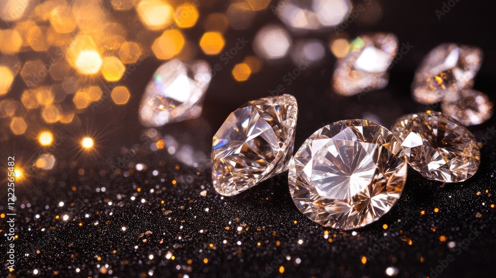 Glittering diamond and gold bokeh lights on black textured background. Glamorous sparkle for luxury or fashion themes Glittering diamond and gold bokeh lights on black textured background. Glamorous sparkle for luxury or fashion themes
