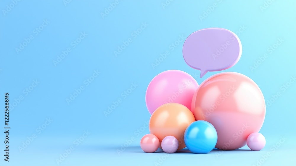 Colorful spheres with speech bubble, communication concept, pastel background, 3D render, website banner