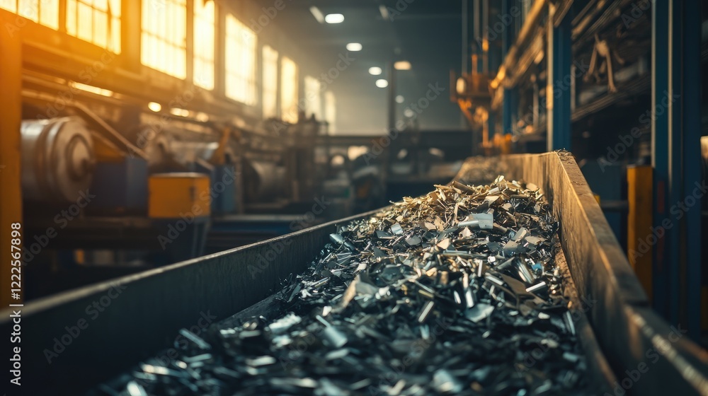 custom made wallpaper toronto digitalA factory conveyor belt filled with metal scraps, showcasing industrial production and recycling processes in a modern manufacturing facility.