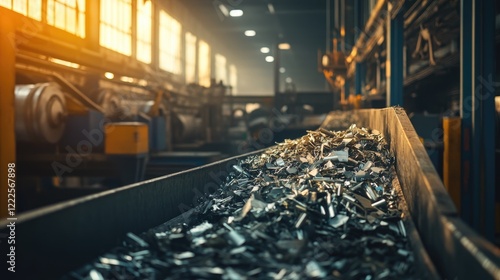 Wallpaper Mural A factory conveyor belt filled with metal scraps, showcasing industrial production and recycling processes in a modern manufacturing facility. Torontodigital.ca