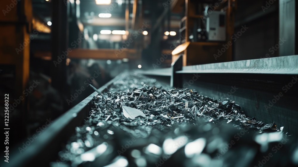 A factory conveyor belt filled with metal scraps, showcasing industrial production and recycling processes in a modern manufacturing facility. A factory conveyor belt filled with metal scraps, showcasing industrial production and recycling processes in a modern manufacturing facility.