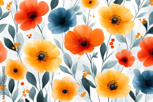 Colorful floral seamless pattern with orange, yellow and blue flowers and gray leaves