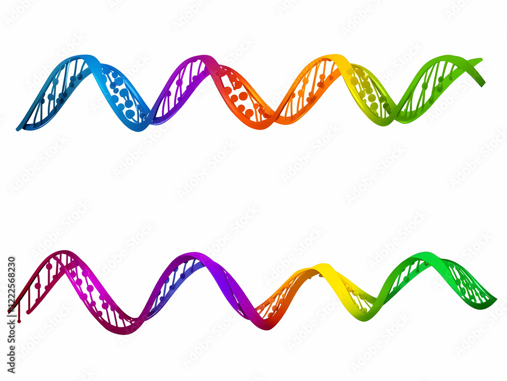 Two Vibrant 3D DNA Strands Twist and Turn in Rainbow Hues on a White Backdrop Two Vibrant 3D DNA Strands Twist and Turn in Rainbow Hues on a White Backdrop