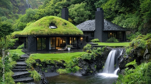 Serene Green Roof House by Waterfall