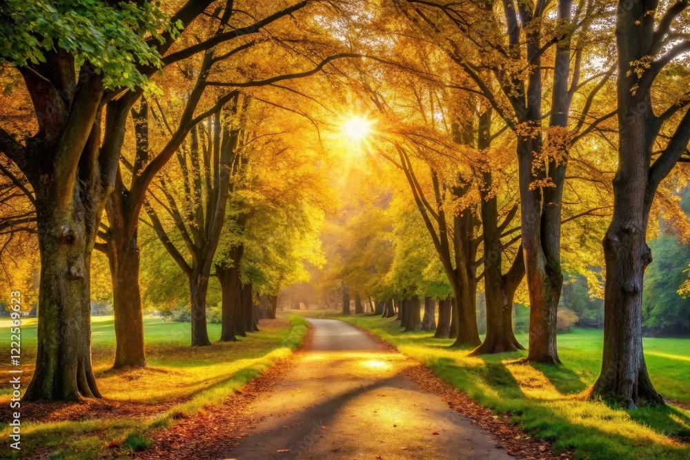 Golden Sunlight Illuminates a Serene Autumnal Path Lined with Majestic Trees, Casting Long Shadows on the Grassy Verges Golden Sunlight Illuminates a Serene Autumnal Path Lined with Majestic Trees, Casting Long Shadows on the Grassy Verges