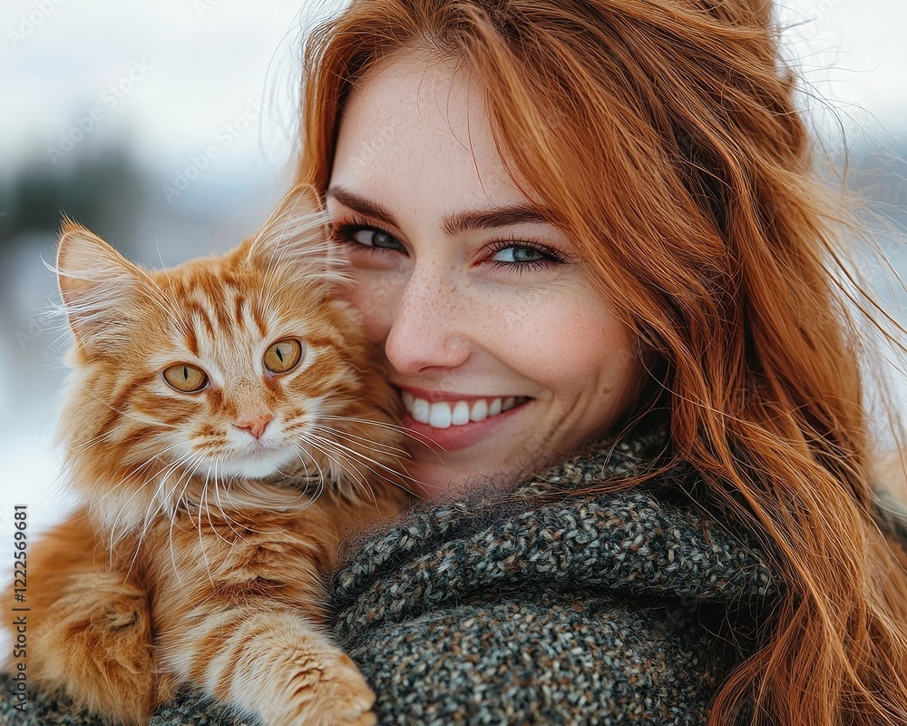 Joyful Woman Cuddling Playful Kitten on Sunny Balcony with City Skyline Joyful Woman Cuddling Playful Kitten on Sunny Balcony with City Skyline
