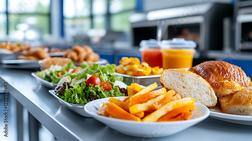 Innovative smart cafeteria implementing ai systems in school showcasing healthy food options modern environment culinary experience
