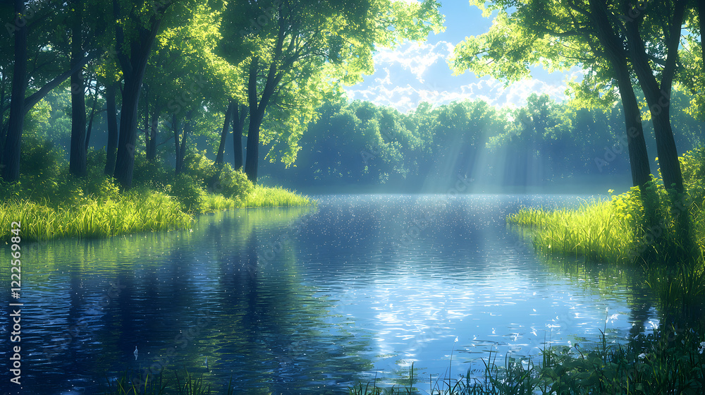 Serene Forest River: Sunbeams pierce through lush green trees, illuminating a tranquil river reflecting the serene sky. A picturesque scene of untouched nature. Serene Forest River: Sunbeams pierce through lush green trees, illuminating a tranquil river reflecting the serene sky. A picturesque scene of untouched nature.