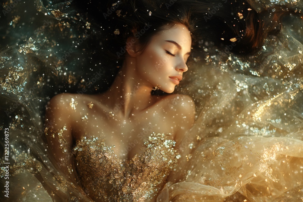 Fototapeta premium Dreamlike Woman Enveloped in Golden Glittering Fabric