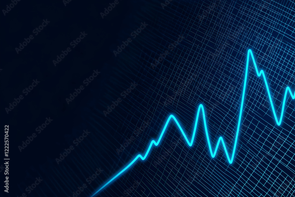 Glowing Blue Line Chart Shows Growth Trend on Dark Grid Background Representing Economic Progress Dynamically Glowing Blue Line Chart Shows Growth Trend on Dark Grid Background Representing Economic Progress Dynamically