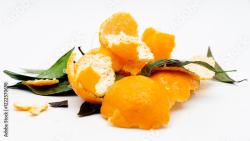 Tangerines. Close view on Fresh Mandarin Orange.  Isolated on White Background. Citrus. Sweet. Juicy. Chinese. New Year. Jeruk Keprok