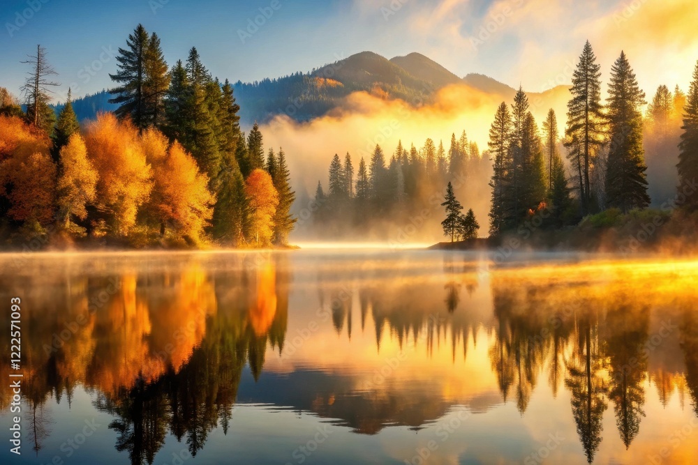 Serene Autumn Sunrise over Misty Mountain Lake with Golden Reflections of Trees Serene Autumn Sunrise over Misty Mountain Lake with Golden Reflections of Trees