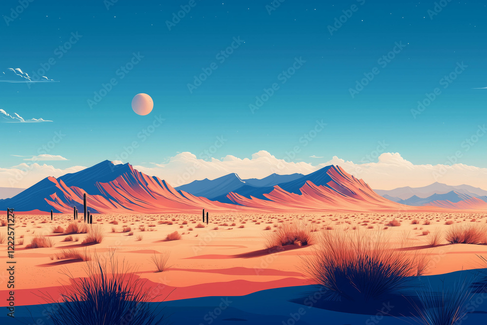 Naklejka premium Cartoon desert landscape. Dry sand dunes and rocks, hot sunny day in wilderness, nature background with mountains and blue sky, trendy illustration