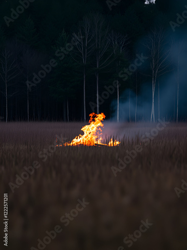 a forest fire in the middle of a field photo