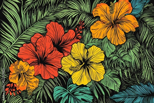 Wallpaper Mural Vibrant tropical floral arrangement featuring hibiscus flowers in red, yellow, and orange against lush greenery Torontodigital.ca