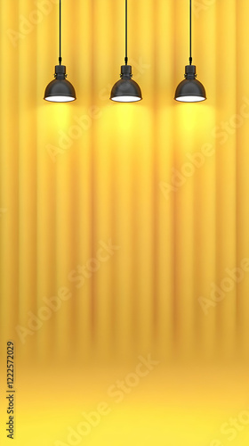 Three Black Lamps Hanging Against a Yellow Curtain Background Create a Warm and Inviting Atmosphere