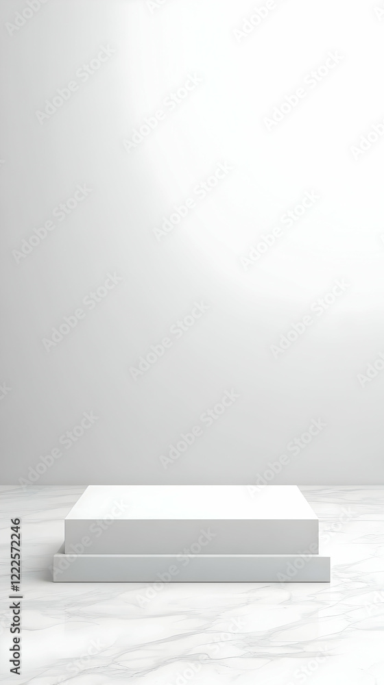 White Square Pedestal Stands Elegantly on a Marble Floor Against a Minimalist Gray Wall Background