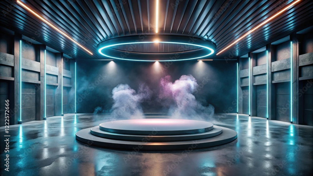 Fototapeta premium Futuristic Industrial Stage with Neon Lighting and Smoke Effects, Perfect for Product Displays or Presentations
