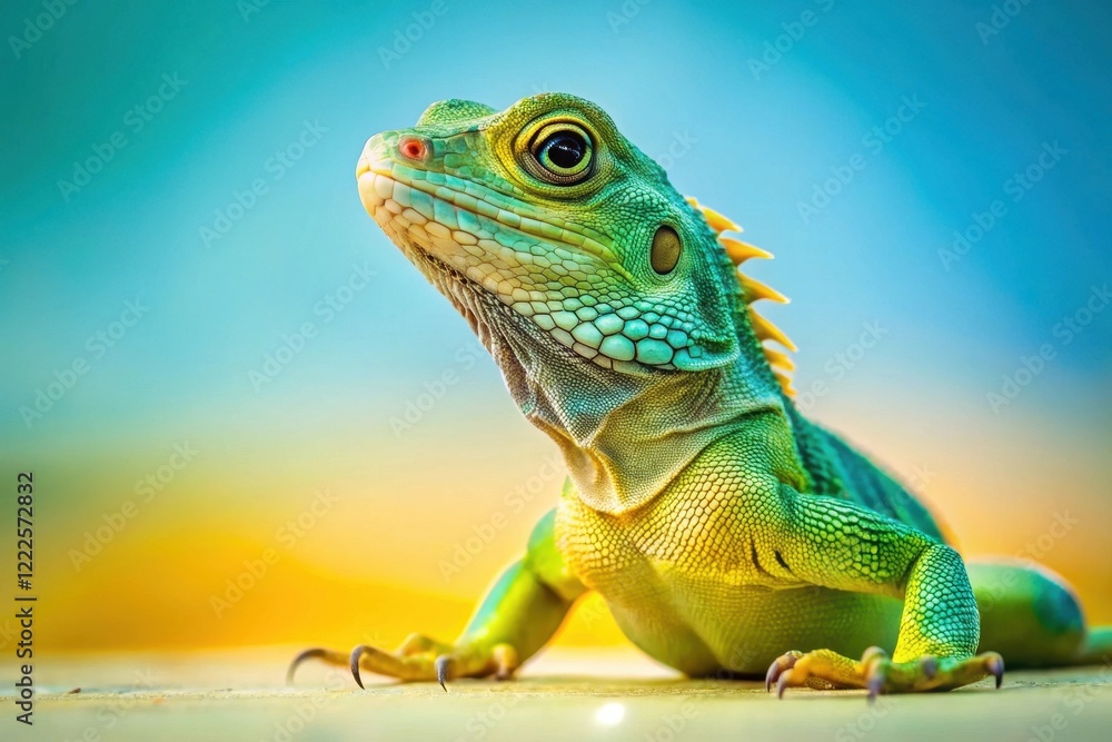 Fototapeta premium A Vibrant Green Lizard Poses Against a Vivid, Sunset-Colored Background, Showing Intricate Scales and Striking Eyes.