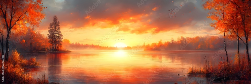 A background of a glowing sunset over a tranquil lake in autumn. A background of a glowing sunset over a tranquil lake in autumn.