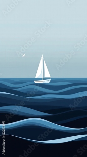 A minimalist flat design of an ocean with blue waves and a small sailboat, representing the vastness and beauty of water for mobile app icons.