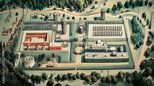 Symbolic representation of corrections penal system illustrating incarceration facilities prisoner rehabilitation efforts penal reform policies alternative sentencing methods for reducing recidivism photo