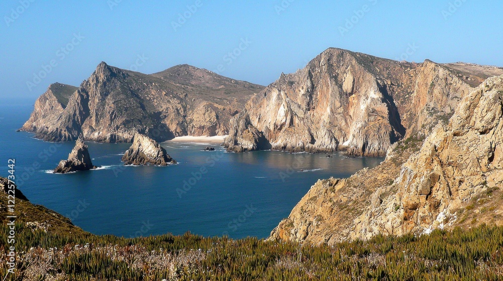 Coastal cliffs, ocean bay, hidden beach, scenic view, travel brochure Coastal cliffs, ocean bay, hidden beach, scenic view, travel brochure