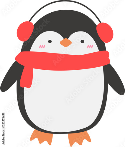 Baby Penguin Wearing Earmuffs and Scarf in Christmas Holiday Cartoon Character 