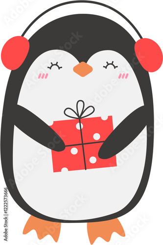 Baby Penguin Wearing Earmuffs and Holding Gif in Christmas Holiday Cartoon Character 