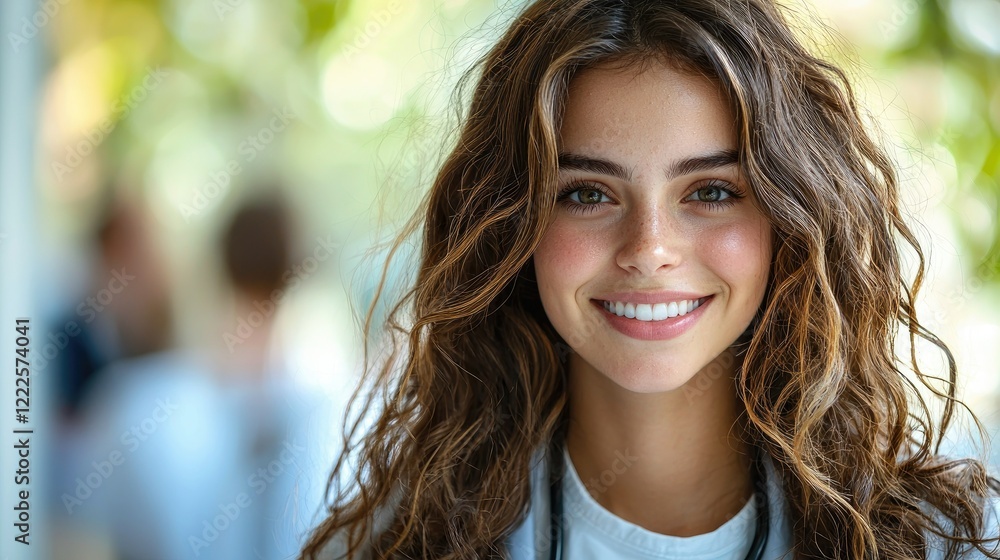 Obraz premium Young Woman with Long Brown Hair Smiling