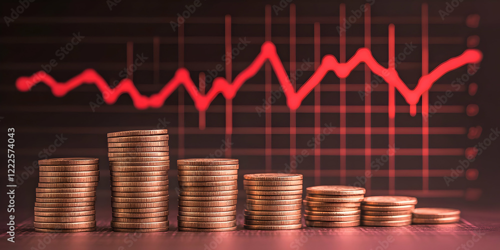 Stacks of Coins Decrease as Red Line Graph Rises, Illustrating Economic Downturn and Inflation Stacks of Coins Decrease as Red Line Graph Rises, Illustrating Economic Downturn and Inflation