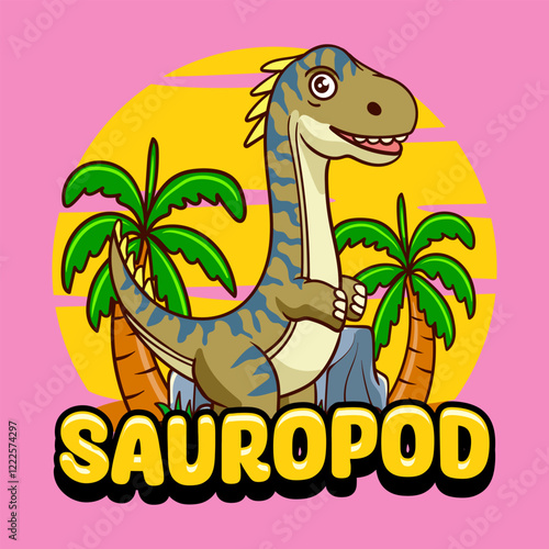 Cute Sauropod Dinosaur Character Mascot in Vector Cartoon Illustration Design for kid, sticker, badge, patch, banner, greeting card